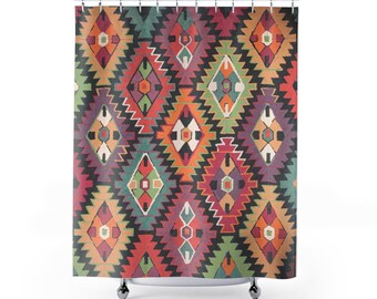 Shower Curtains Boho, Colorful Whimsical Shower Curtain, 71x74 in, Abstract Curtains Art Artist , Mid Century Contemporary Bath Decor
