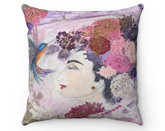 Flowers Hummingbirds Decorative Throw Pillow ~ Garden Flower Pillows ~ Floral Throw Pillow ~ Garden Flowers Birds ~ Women's  Art