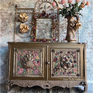 SOLD Glitz & Glam Furniture, Floral Designed Cabinet, Gold Metallic Sideboard, Vintage Buffet, French Provincial, Painted Furniture