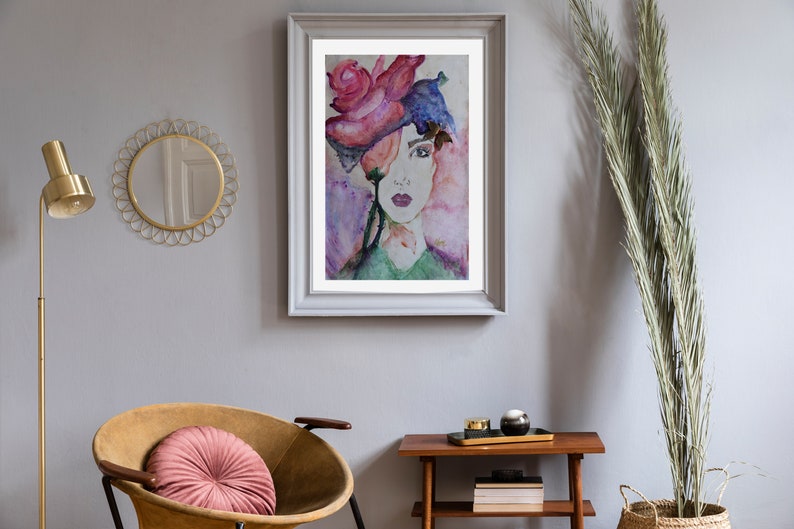 Woman Portrait Floral Wall Art Print Floral Bohemian Art Watercolor Woman Painting Watercolor Painting Women's Flowers Portrait image 1