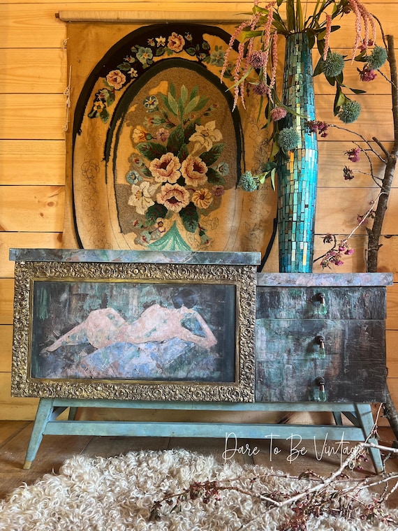 Hand Painted Cedar Chest, Vintage Decoupage Console, Abstract Art Furniture