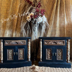 Hand Painted Asian End Tables, Vintage Heavy Carved Night Stands, Black Carved Side Cabinets, Asian Nightstands, Bed Side Tables