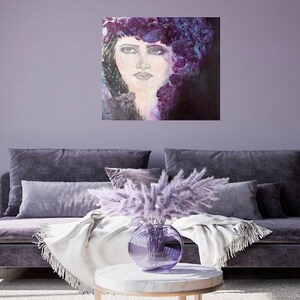 Woman Flowers Portrait Canvas Print Bohemian Portrait Art Woman's Floral Portrait Purple Floral Portrait Art Braids In Her Hair Art image 1