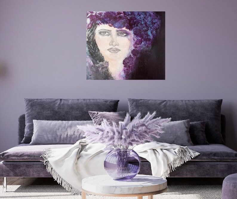 Woman Flowers Portrait Canvas Print Bohemian Portrait Art Woman's Floral Portrait Purple Floral Portrait Art Braids In Her Hair Art image 1