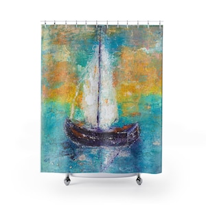 Sailboat Nautical Shower Curtain Colorful Sailboat Bath Curtain Sailboat Art Print Beach House Shower Curtain Nautical Curtain 71" × 74"