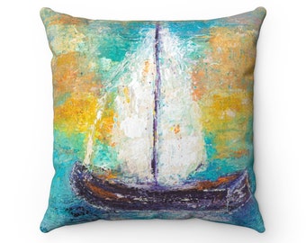 Sail Boat Original Art Throw Decorative Pillow ~ Sail Boat Art Print ~ Boat Print Pillow ~ Beach House Décor ~ Nautical Interior Décor