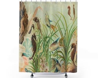 Fish Seahorses Shells Shower Curtain ~ Nautical Shower Curtain ~ Vintage Art Shower Curtain ~ Tropical Fish Print ~ Green Bathroom Décor