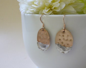 Gold Dangle Earrings, Silver Accent Raw Brass Earrings