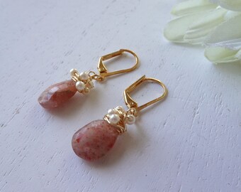 Faceted Sunstone Drop Earrings with Pearls, Orange Short Gemstone Earrings