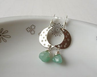 Crescent Moon Dangle Earrings with Green Gem, Aventurine, Clip On
