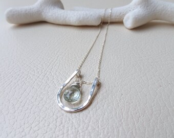 Green Amethyst Horseshoe Necklace: Hammered Sterling Silver Pendant