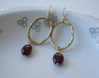 Garnet Open Oval Earrings, Simple Modern Garnet Jewelry, January Birthstone Gift