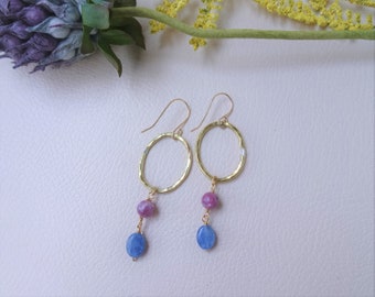 Kyanite Earrings, Open Oval Earrings, Pink and Blue Gemstone Jewelry