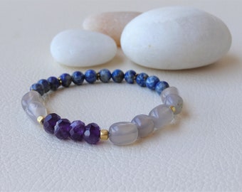 Healing Stone, Mala Bracelet, Stretch Bracelet, Amethyst, Lapis Lazuli, Gemstone Bracelet