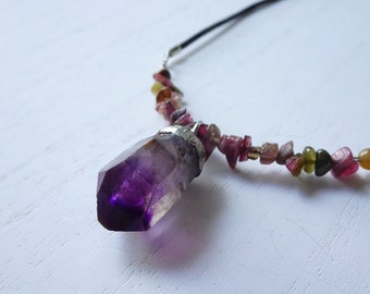 Raw Amethyst Necklace, Healing Stone Jewelry, Leather cord Pendant, Deep Purple One of a kind Necklace