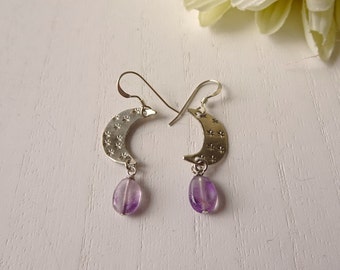 Crescent Moon Silver Earring With Amethyst, Moon Goddess Jewelry, Clip On