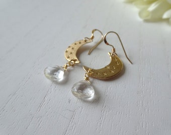 Gold Crescent Moon Earring With Clear Crystal, Moon Jewelry Gift, Clip On