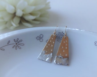 Gold Hand Stamped Earrings with Silver Accent, Trapezoid Modern Earrings