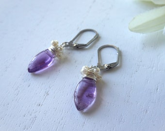 Amethyst Wire Wrapped Short Earrings, February Birthstone Jewelry