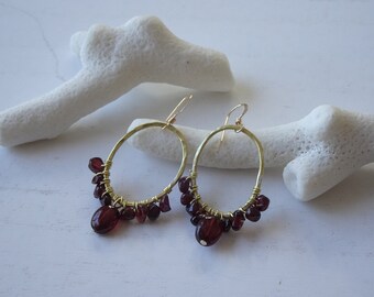 Garnet Wire Wrapped Hoop Earrings, Garnet Open Oval Earrings, January Birthstone Gift