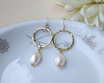 Gold Pearl Earrings, Open Circle Dangle Earrings, Clip on Available