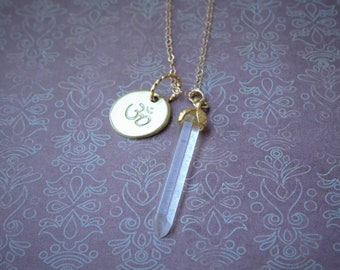 Crystal Point Om Necklace, Raw Stone Jewelry, Lucky Charm Jewelry