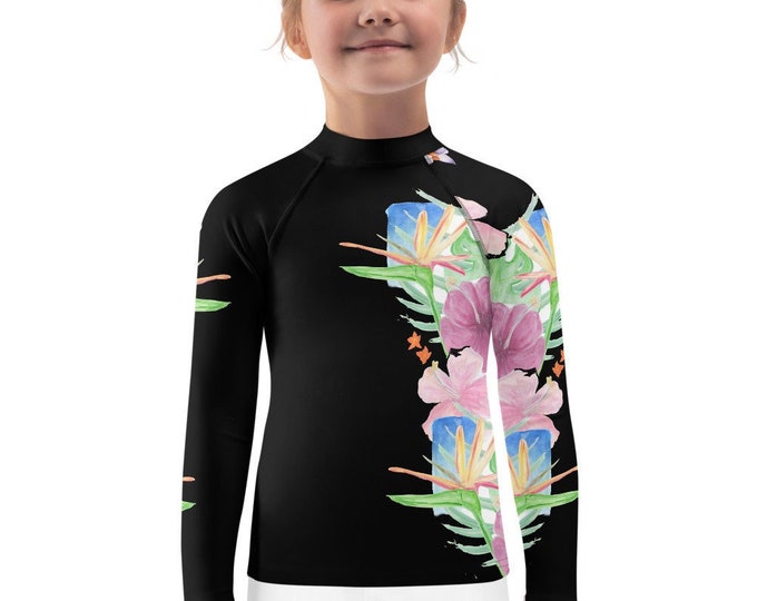 Kids Rash Guard Black Hawaiian Print