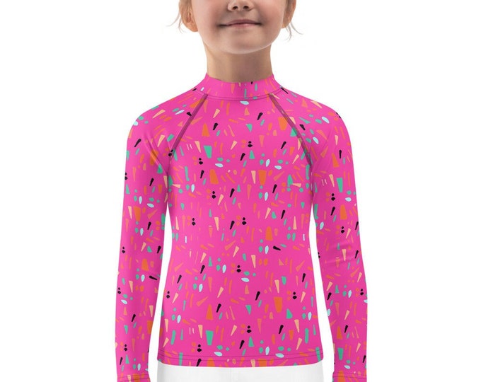 Kids Rash Guard, Hot Pink Abstract Print, Girls Bathing Suit, Sun Protection