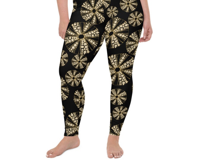 High Waist Plus Size Leggings , Black Sea Urchin Print