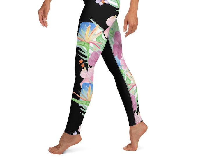 High Waist Yoga Leggings Black Tropical Print