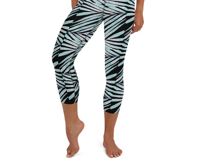 Yoga Capri Leggings Black Palm Leaf Print