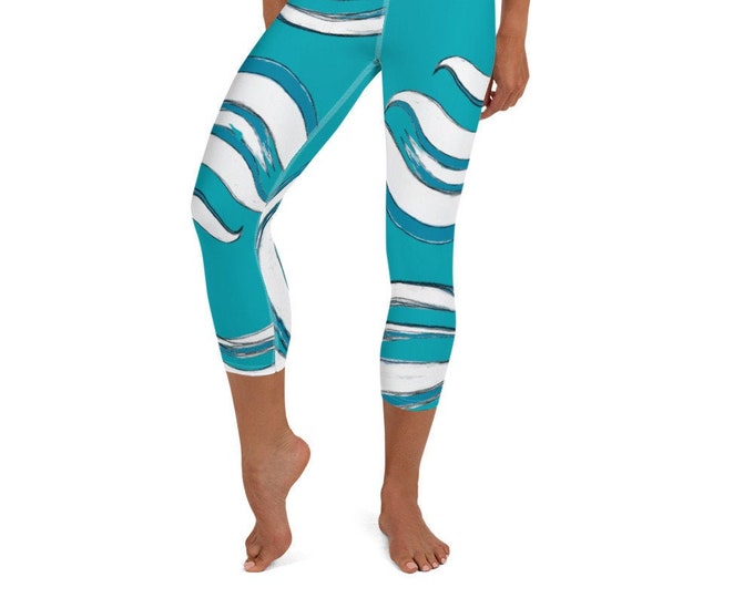 Yoga Capri Leggings, Mother Ocean Print , Wave Print , High Waist