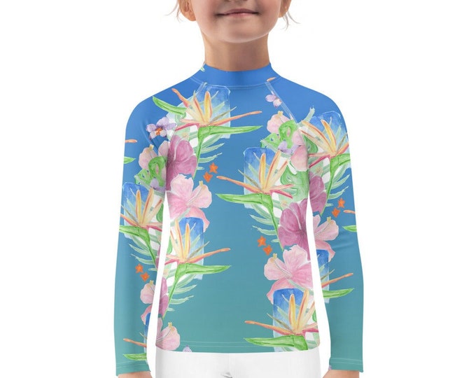 Kids Rash Guard , Hawaiian Print, Girls Bathing Suit, Sun protection