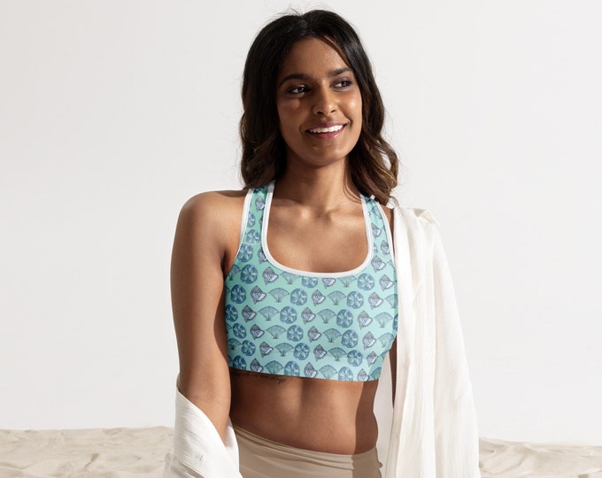 Padded Sports Bra Ocean Blue Seashells