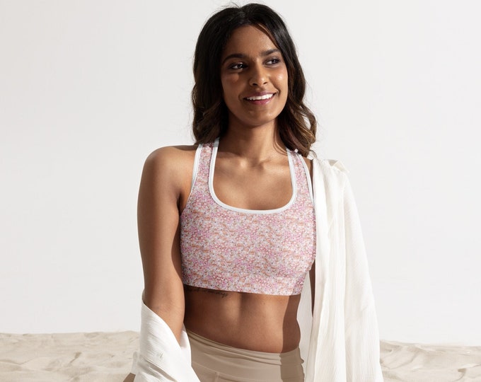 Womens Padded Sports Bra, Pink Tropical Florals