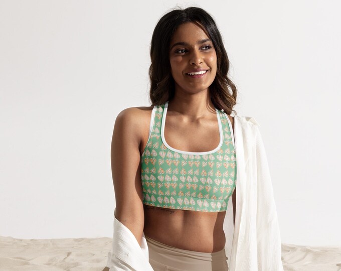 Womens Padded Sports Bra, Mint Green Anthurium, Floral Print, lime cream