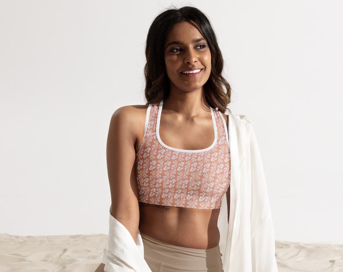 Womens Padded Sports Bra, Peach Fuzz Floral Print