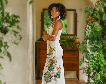 hawaiian bridesmaid dresses Monstera Cereus Blue Leilani Muumuu Dress M / Blue shoulder style that exudes sophistication Violette Long Maxi Cocktail Hawaiian