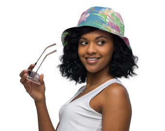 Reversible Bucket Hat Black and Blue Tropical Floral Print