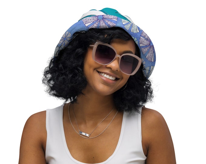 Reversible Bucket Hat Blue Wave and Sea Urchin Print