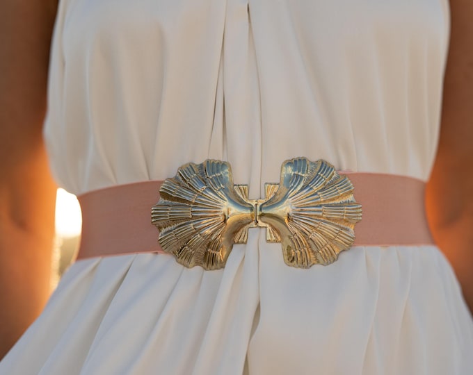 Vintage Gold Seashell Bridal Sash, Beach Wedding Belt, Interchangeable Satin Ribbon