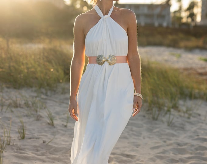 Vintage Gold Seashell Bridal Sash, Beach Wedding Belt, Interchangeable Satin Ribbon