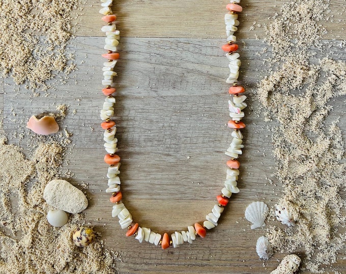 Vintage Resin Shell, Coral and Small Gold Beads / Beach Style Jewelry/Layering Necklace