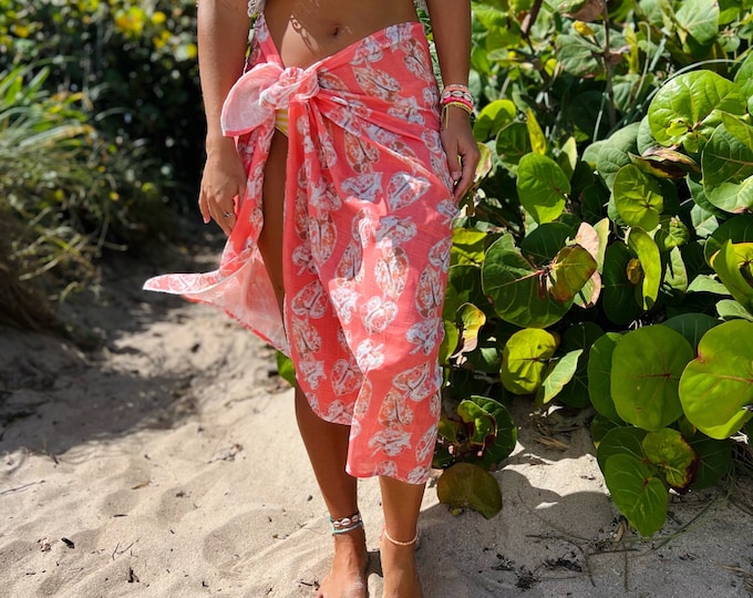 Sarong Organic Cotton Gauze Coral Pink Anthurium, Beach Cover up