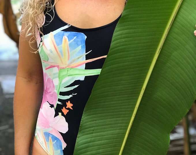 One-Piece Swimsuit Black Hawaiian Print