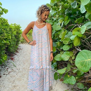 50% off Tropical Coral Palm Leaf Print Ruffle Flowy Maxi Dress image 1