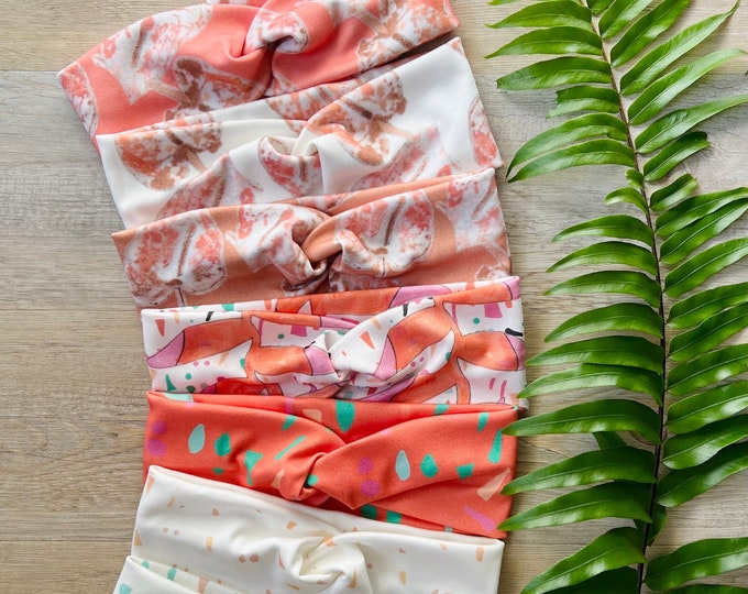 Turban Headband Tropical Prints Made From Organic Cotton, Pink, Terracotta, Coral, Orange