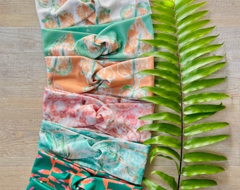 Turban Headband Tropical Prints Made From Organic Cotton, Green, Blue, Orange