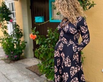 Black and Tan leaves, Long Sleeve Midi Dress, Modest Length