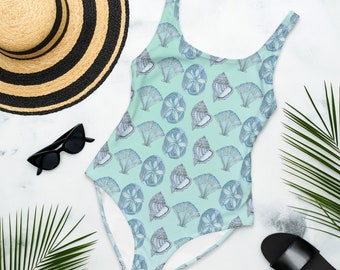 One-Piece Swimsuit Low Open Back Blue Seashells